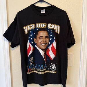 Barack Obama "Yes We Can" Double Sided Graphic Black T-Shirt Size L
